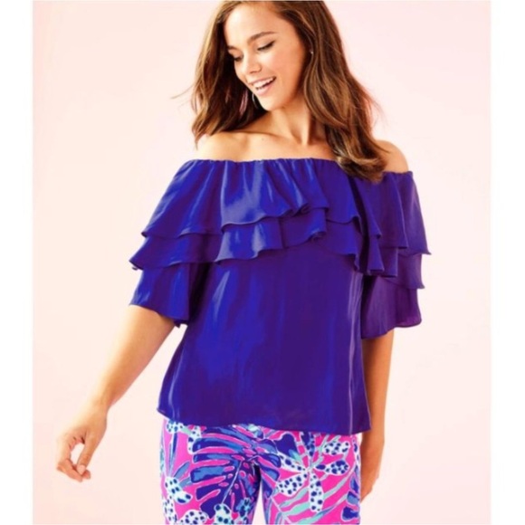 Lilly Pulitzer Haylee Ruffle Off The Shoulder Blouse Royal Purple NEW Size XXS - Picture 1 of 10